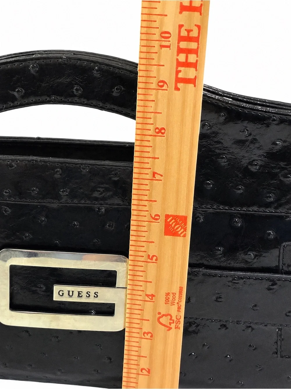 Guess Black Patent Ostrich Large Embossed Handbag Silver Hardware Clutch Purse